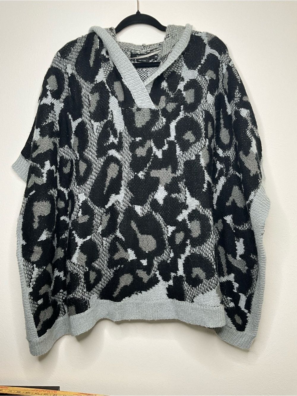 Grey & Black Leopard Knit Hooded Sweater Pancho